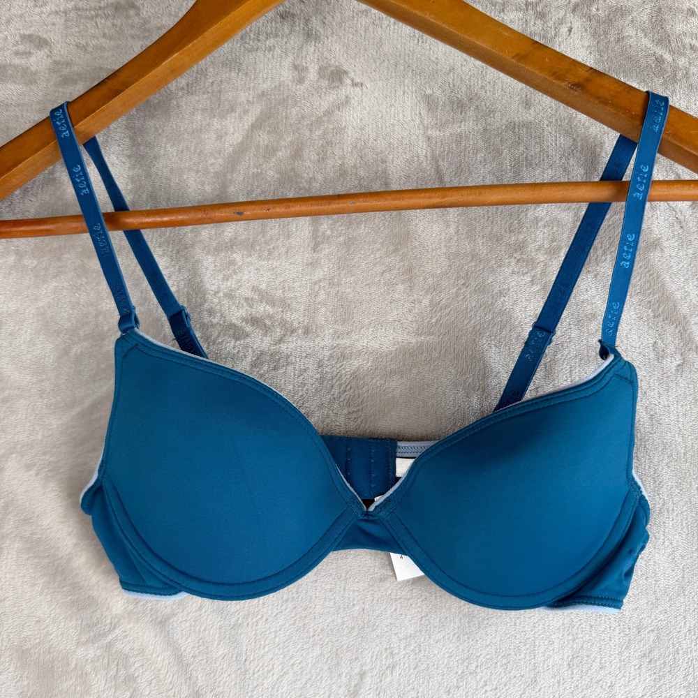 Aerie Real Sunnie Demi Push Up Bra Teal Blue 32A Underwire Logo Straps 0269 NEW